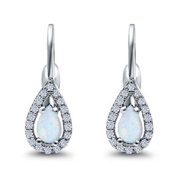 Halo Teardrop LeverBack Earrings Pear Lab Created White Opal 925 Sterling Silver